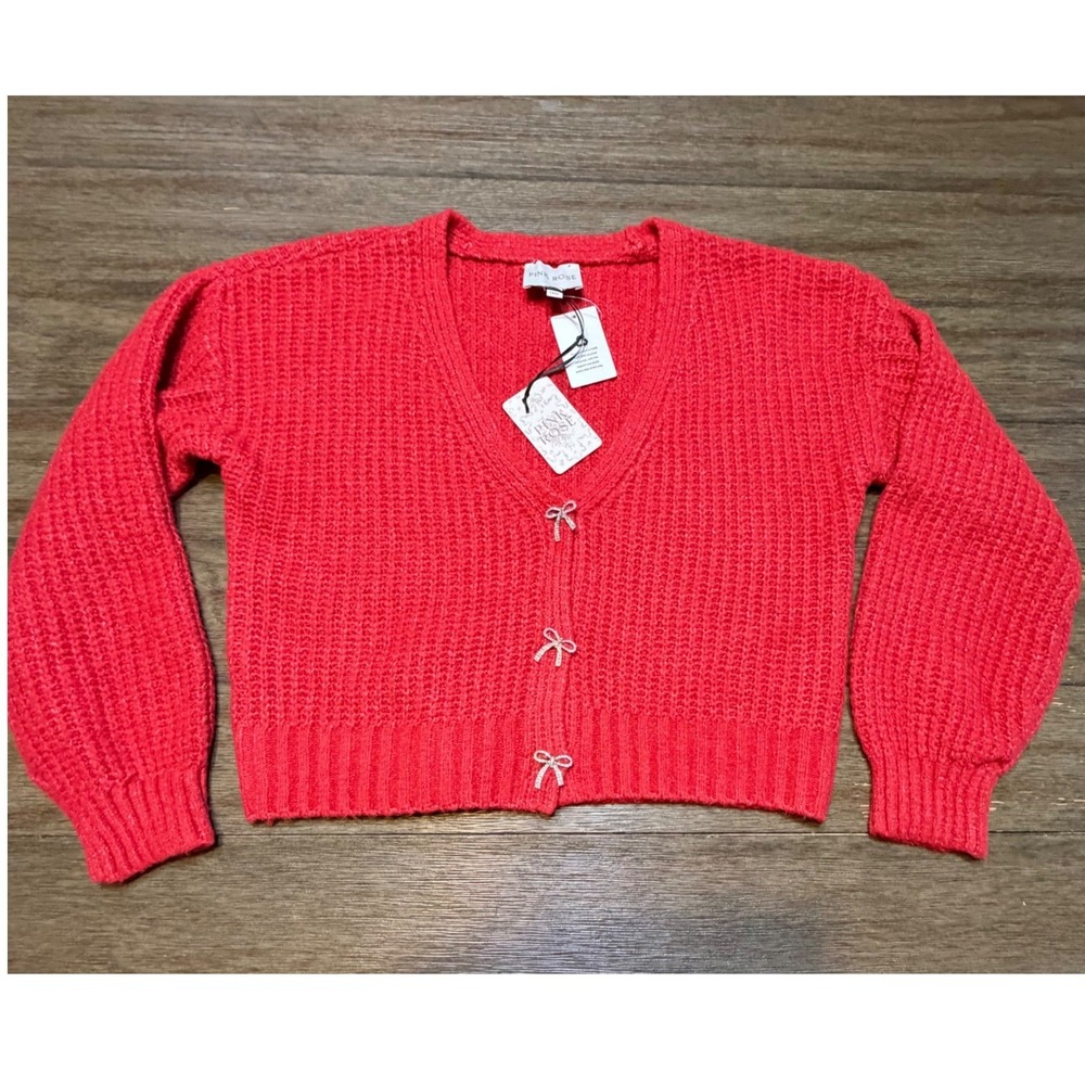 Pink Rose Cherry Red Bow Button‎ Cardigan Sweater Womens Medium NWT 5S45082